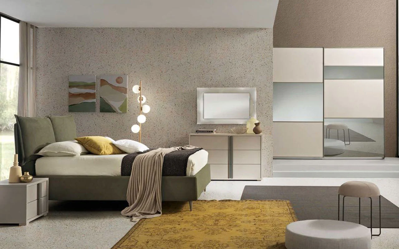 Camera da letto con mobili Cashmere, armadio battente con maniglie antracite, elegante e accogliente