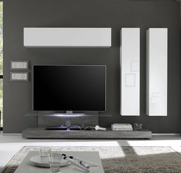 Parete attrezzata moderna di design, rovere grigio e bianco lucido