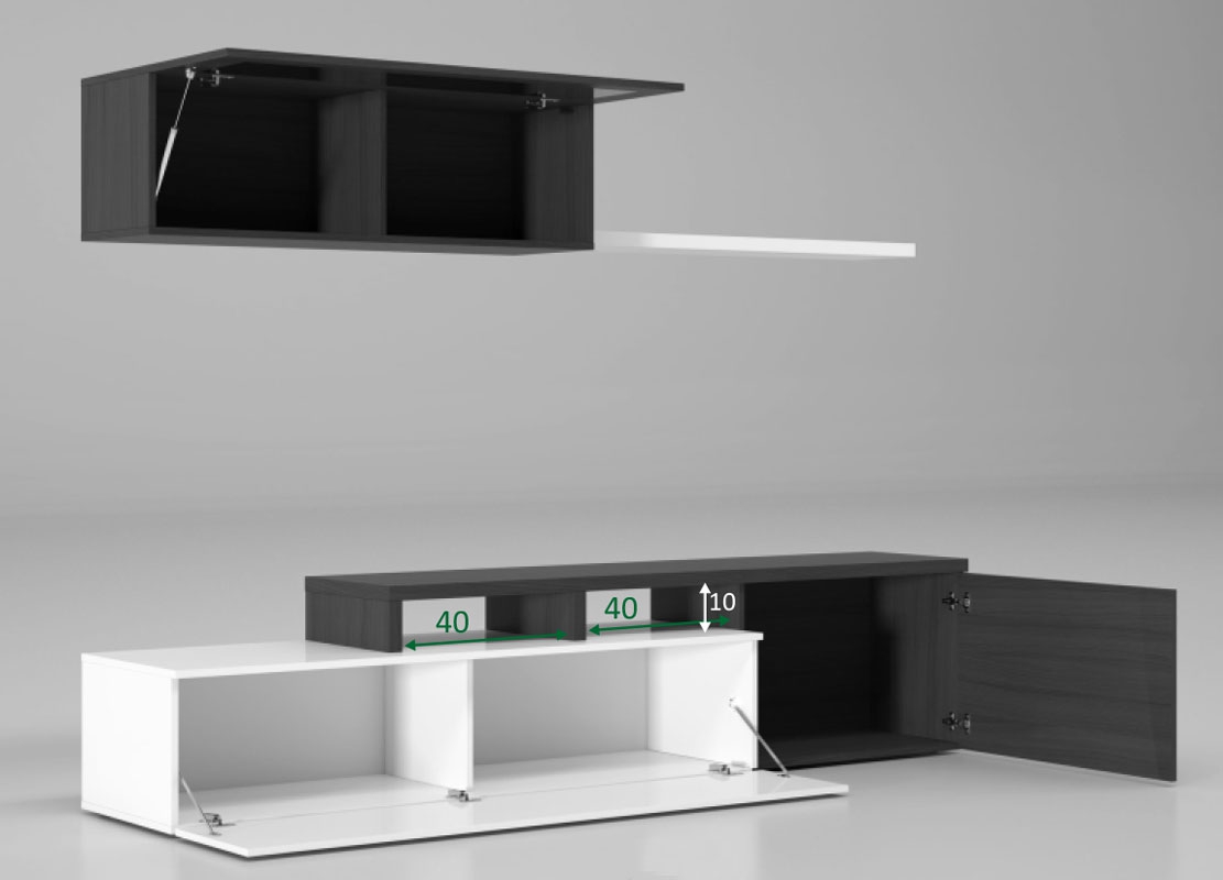 Parete attrezzata ad angolo, con porta tv, mensola e pensile, bianco lucido e grigio cenere