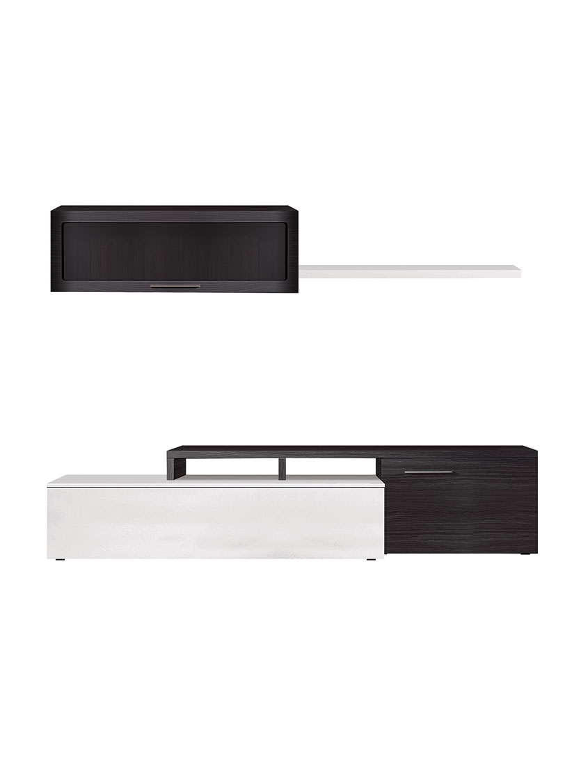 Parete attrezzata ad angolo, con porta tv, mensola e pensile, bianco lucido e grigio cenere