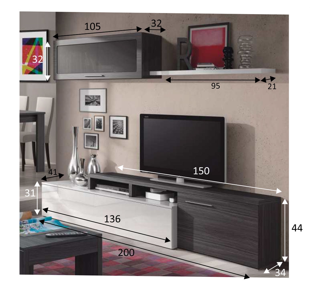 Parete attrezzata ad angolo, con porta tv, mensola e pensile, bianco lucido e grigio cenere