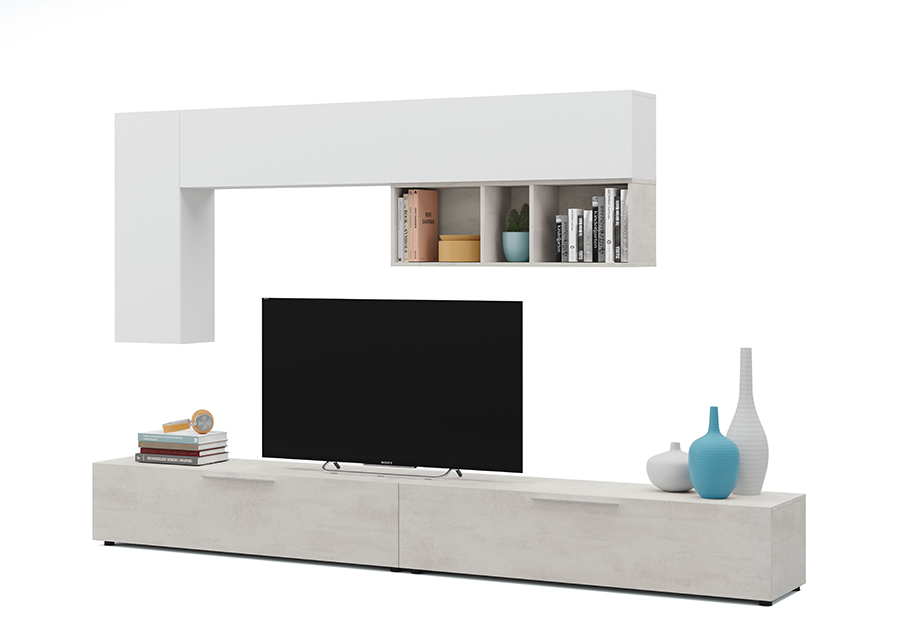 Soggiorno Zenzero, parete attrezzata moderna con doppia base porta TV e pensili a muro, cemento e bianco artik