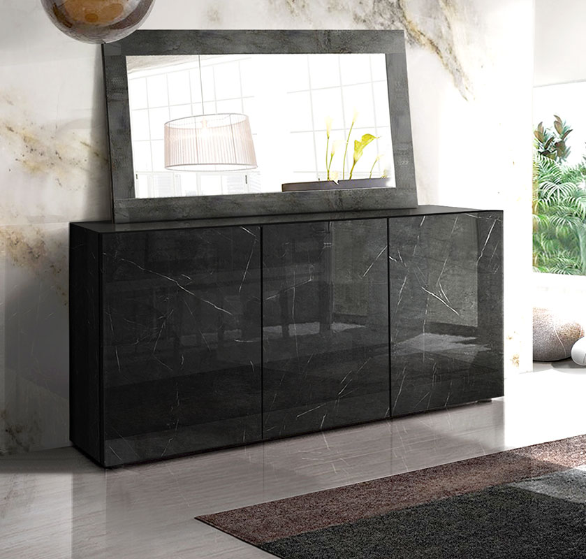 Soggiorno di lusso, Madia e Vetrina, finitura Marmo Lucido Nero