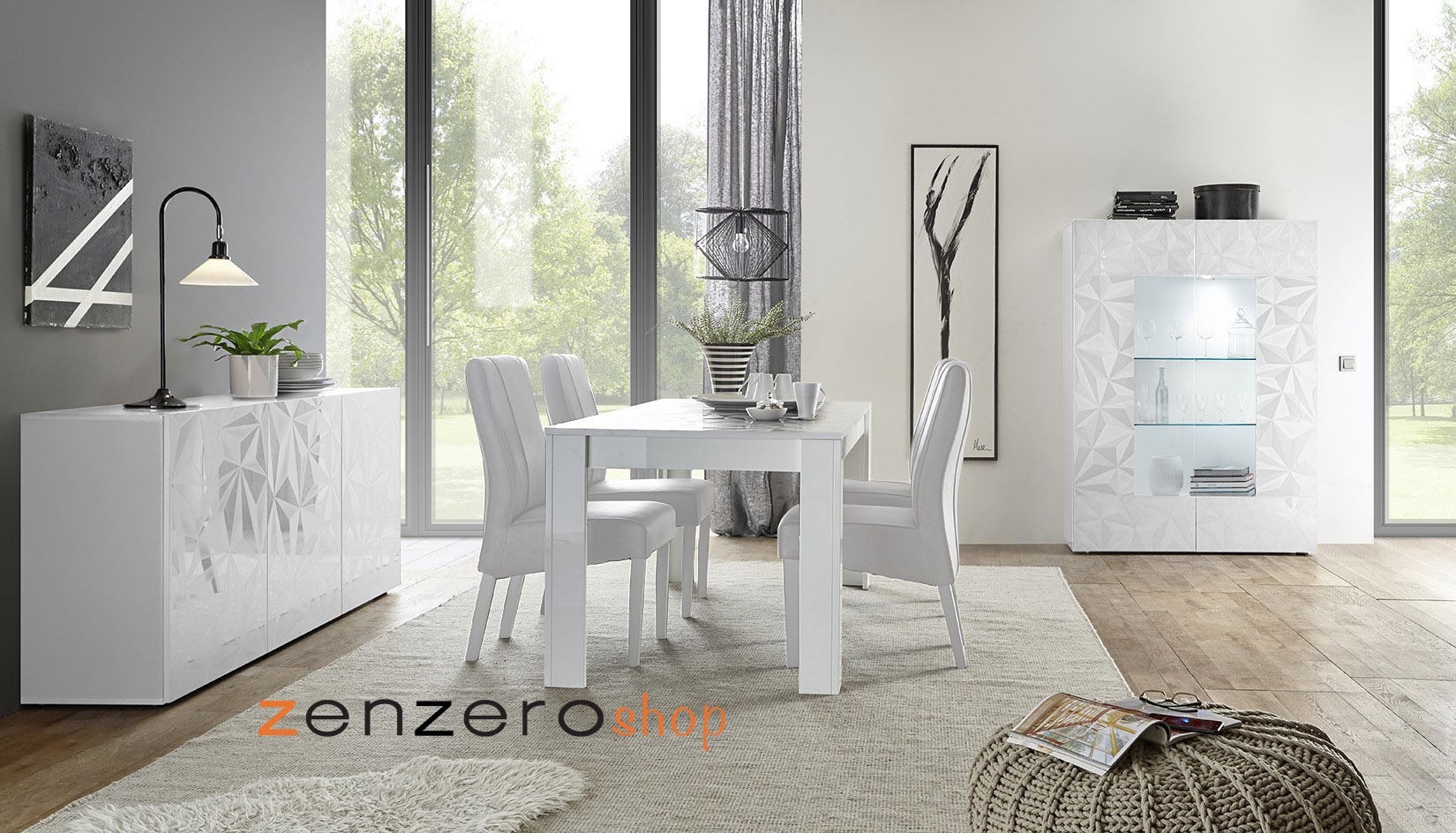 Sala moderna completa di vetrina, madia 3 ante e tavolo allungabile finitura bianca con serigrafia prismatica