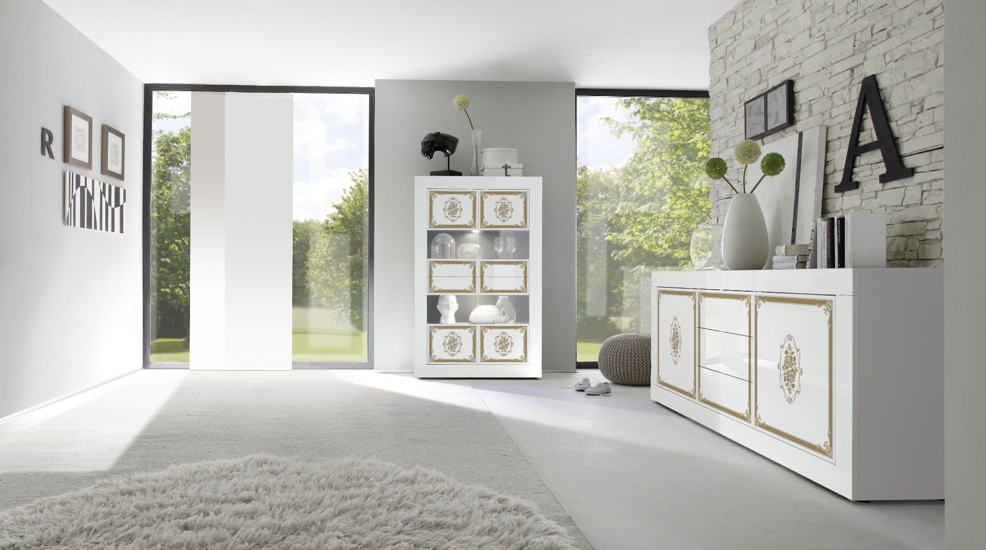 Credenza Moderna, Madia bianca laccata lucida, 2 ante e 3 cassetti con serigrafia oro