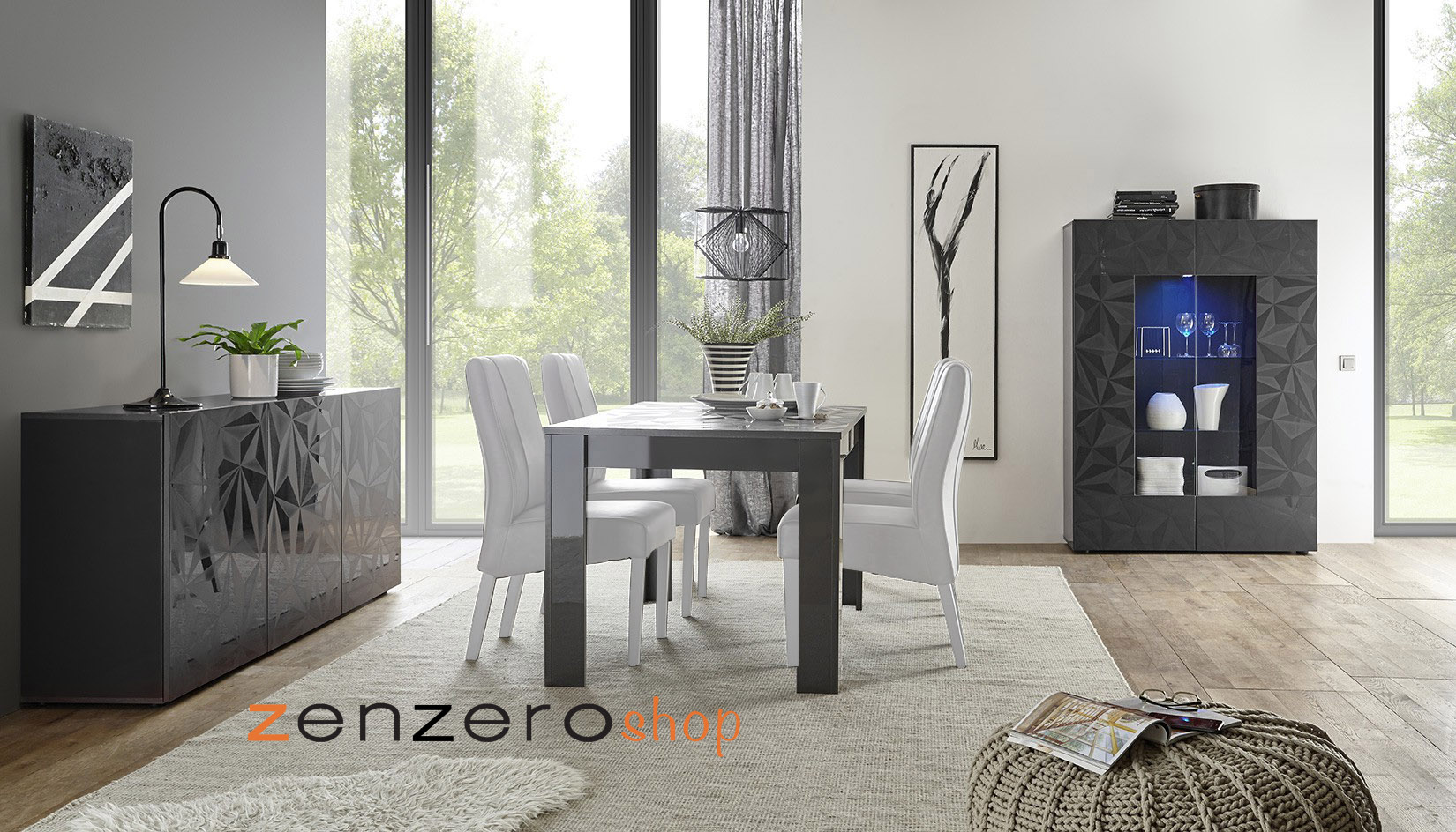 Sala moderna completa in finitura grigia con serigrafia prismatica