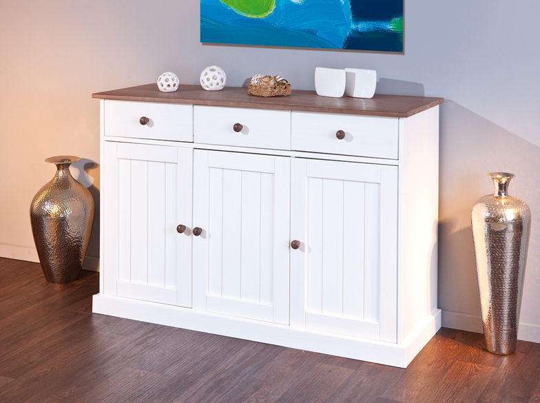 Madia tre ante, tre cassetti in legno massiccio e bianco