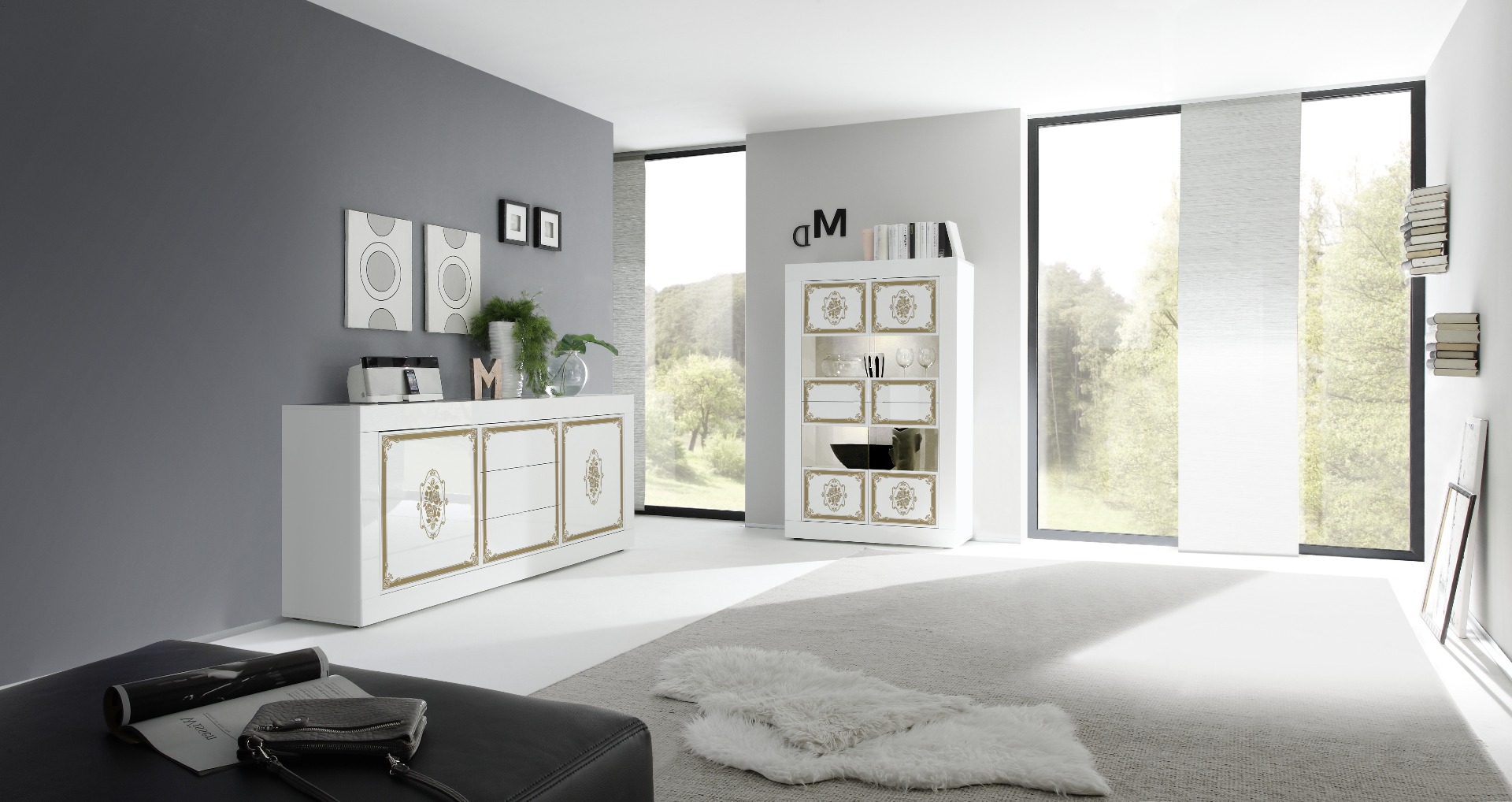 Credenza Moderna, Madia bianca laccata lucida, 2 ante e 3 cassetti con serigrafia oro