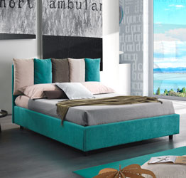 Letto matrimoniale Calla, imbottito con tessuto color Verde acqua, Orzo e Marrone