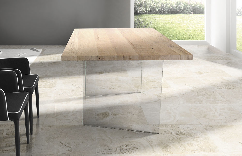 Tavolo Fisso in Rovere Impiallacciato sp.4cm, gambe in vetro
