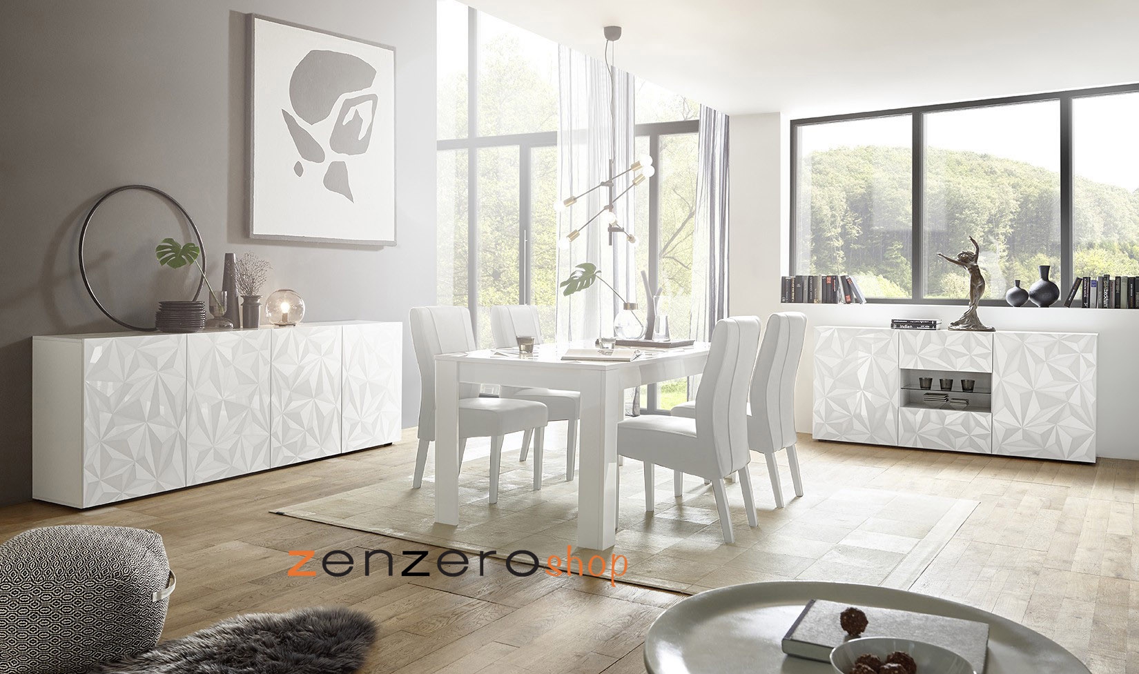 Sala moderna completa di tavolo, madia 4 ante e madia 2 ante 2 cassetti, finitura bianca serigrafata