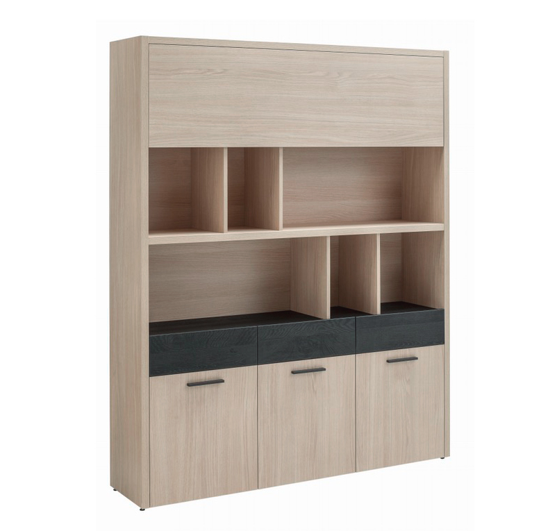 Libreria attrezzata Leonardo con ante e ripiani in finitura Rovere e Nero chalet 