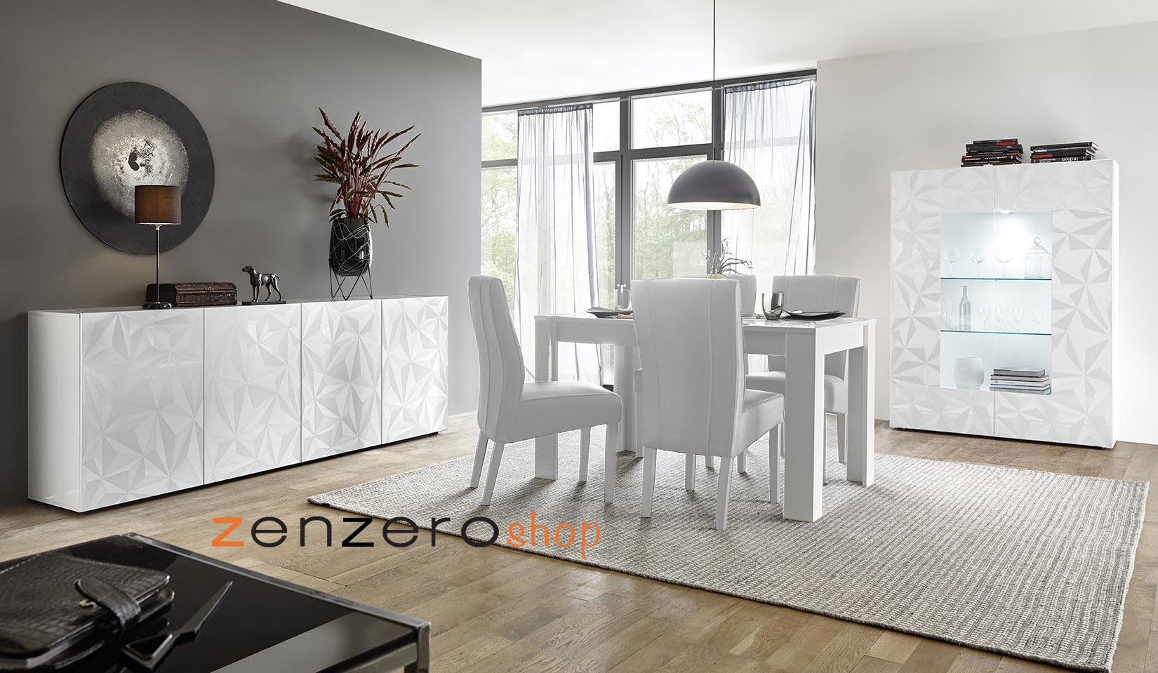 Sala moderna completa di tavolo, madia 4 ante e vetrina, finitura bianca serigrafata