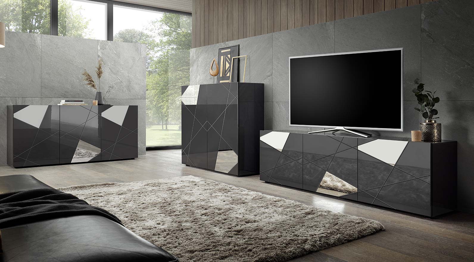 Soggiorno moderno con 2 madie e un porta Tv in finitura Grigio lucido con specchi