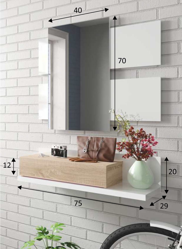  Entrate case moderne, mobile con specchio e cassetto bianco artik e rovere canadian