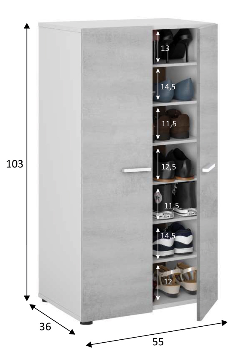 Scarpiera moderna 2 ante battenti, bianca e beton
