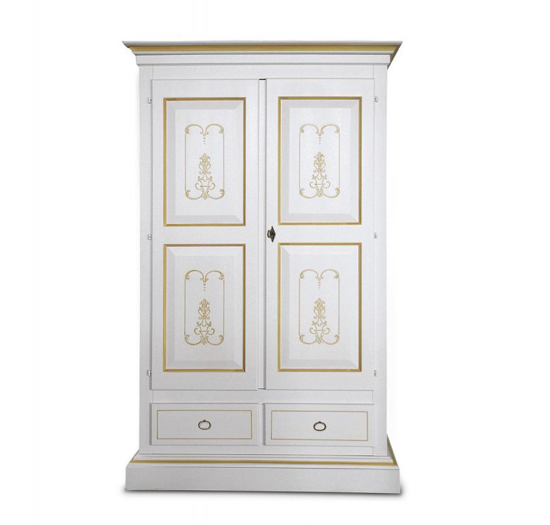 Armadio in legno, laccato bianco, con filetti ocra, cappello dritto - maniglie anticate