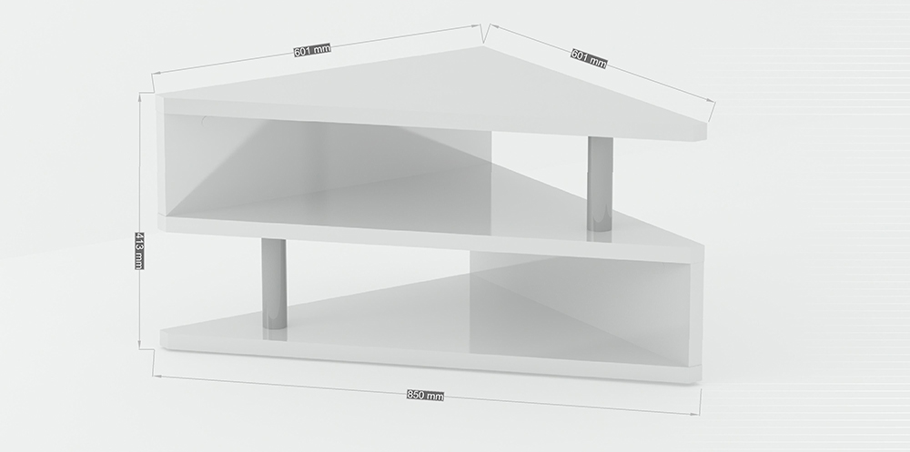 Tavolino triangolare moderno a 3 ripiani in finitura bianco lucido