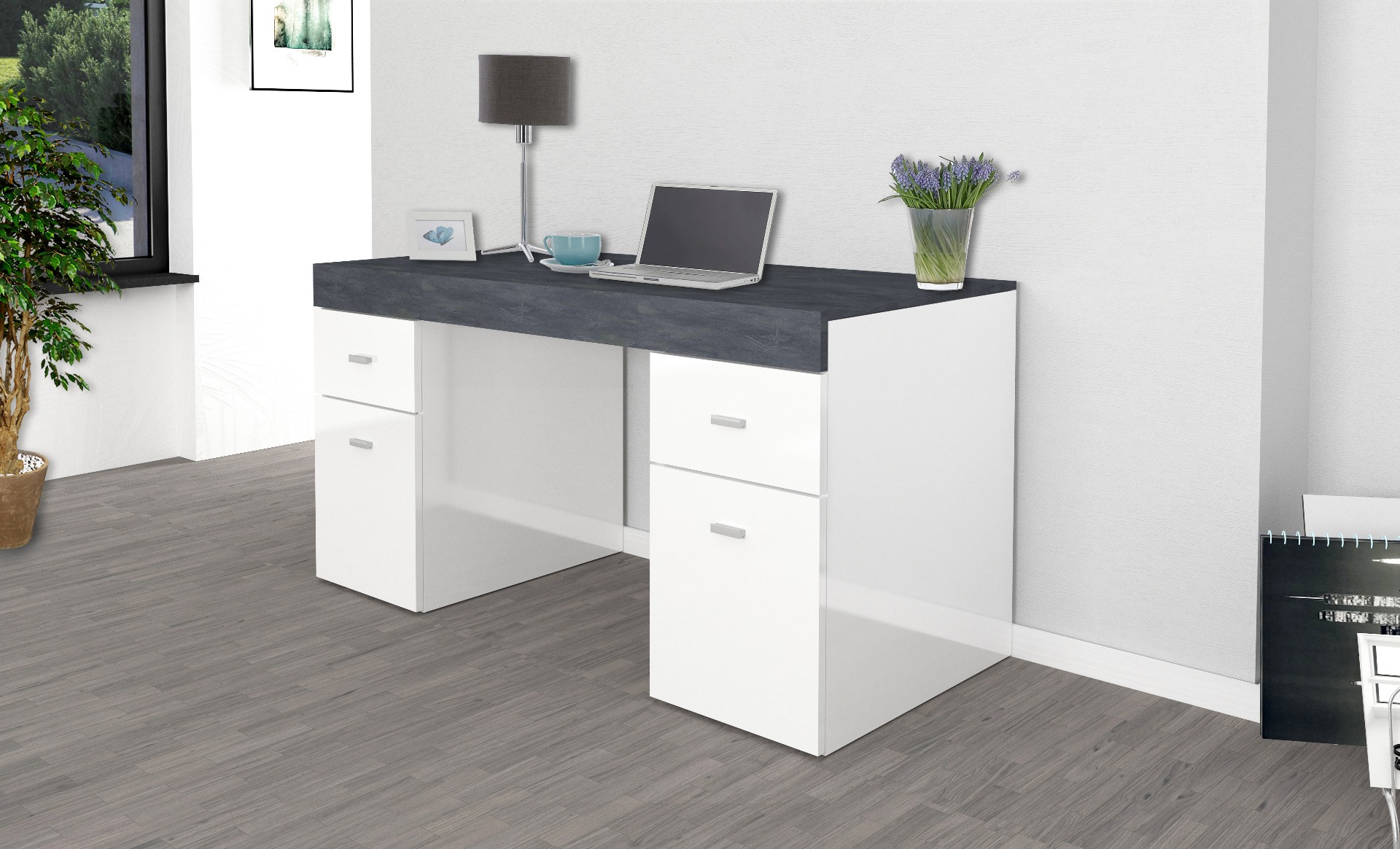 Scrivania 2 ante e 2 cassetti bianco lucido e ardesia, made in Italy