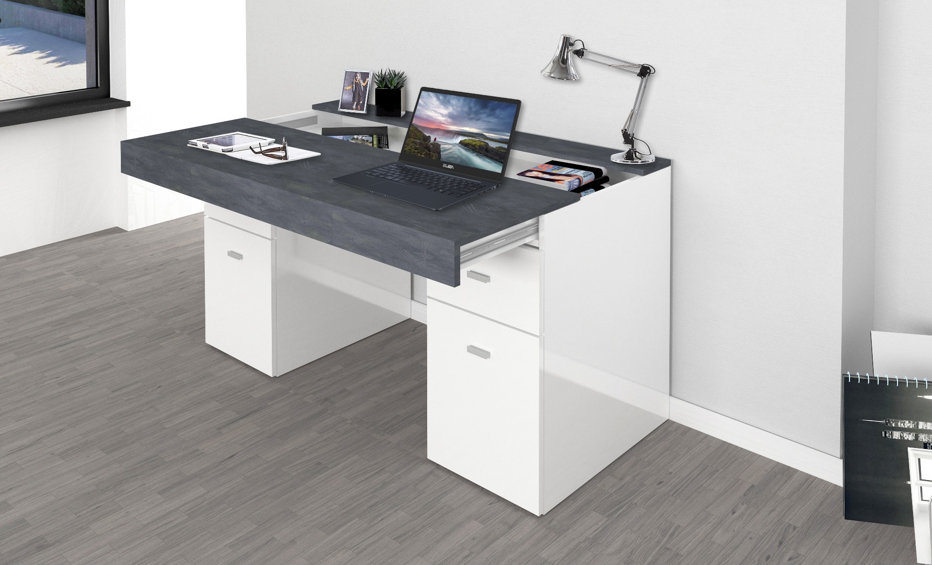 Scrivania 2 ante e 2 cassetti bianco lucido e ardesia, made in Italy