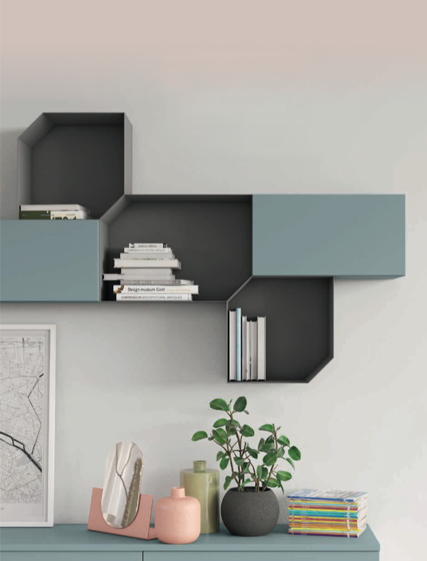 Parete attrezzata moderna in finitura Grigio titanio e Rovere gesso