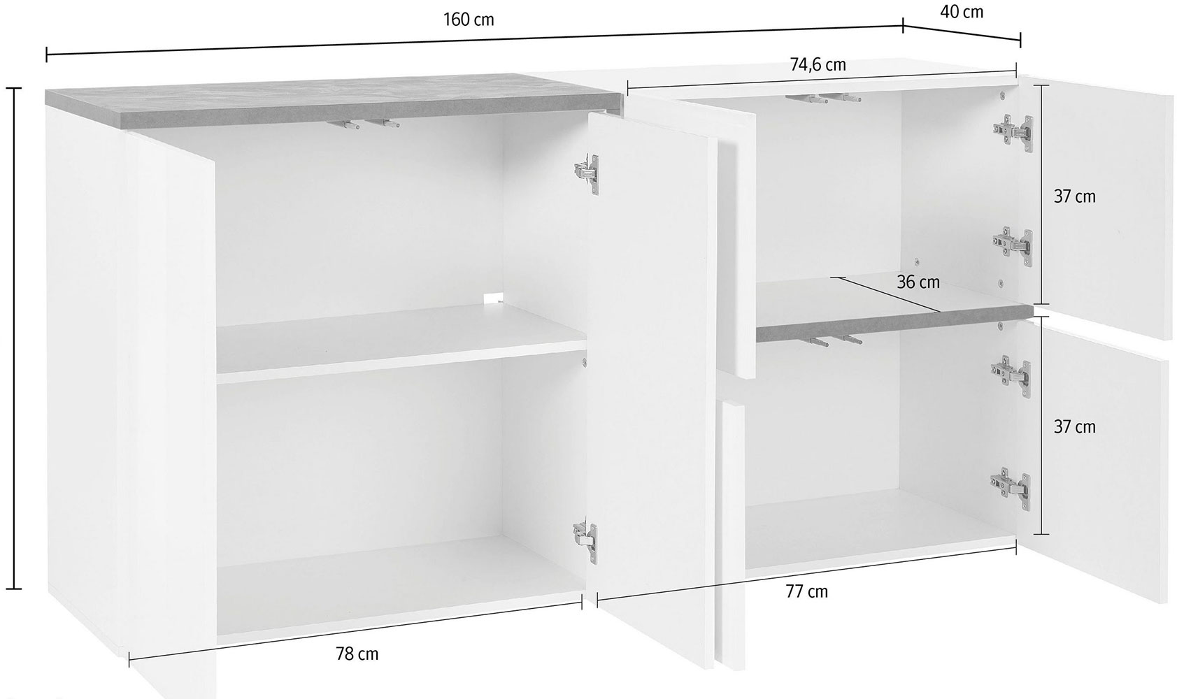 Madia moderna con 4 ante in finitura Bianco lucido e Ardesia L.160