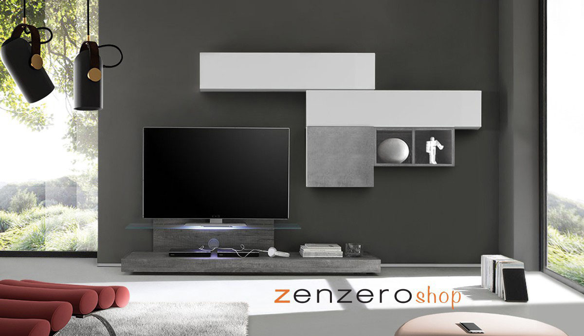 Parete attrezzata moderna di design, bianco lucido e cemento - 249x190 cm