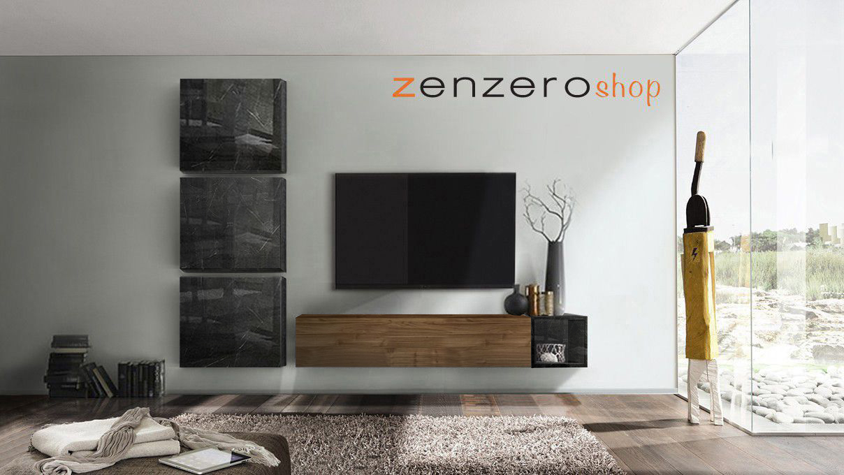Soggiorno Zenzero moderno, parete attrezzata moderna scontata, finitura Mercure e Marmo Nero Lucido