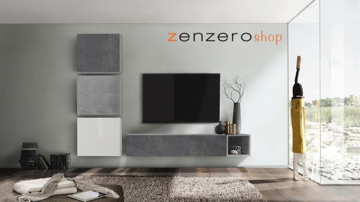 Parete attrezzata, composizione libera, Bianca Lucida, Beton e Ossido 