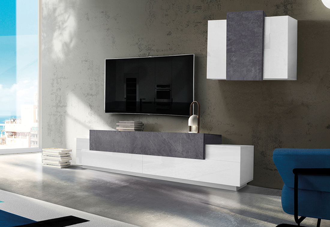 Porta Tv con pensile sospeso in finitura Bianco lucido e Ardesia 