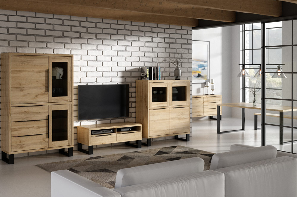 Porta TV salvaspazio, finitura quercia e metallo nero 