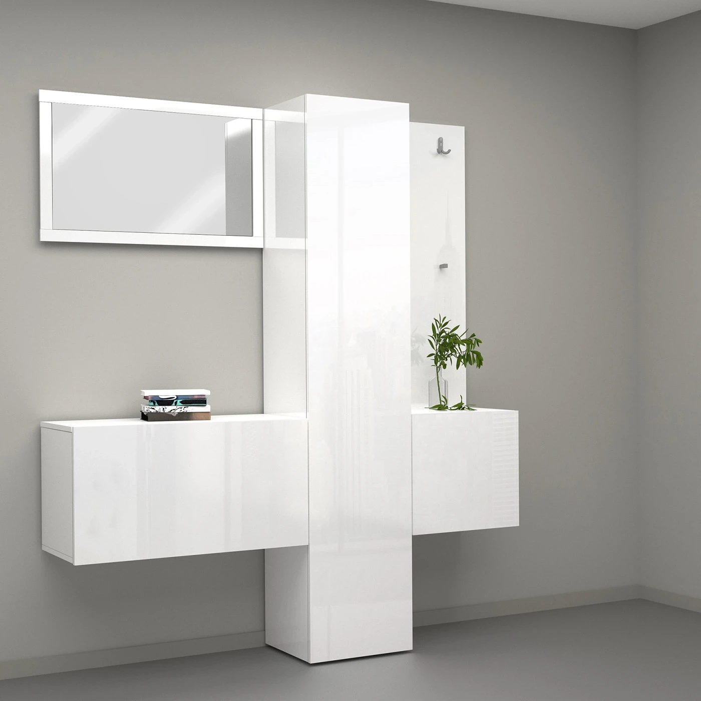 Set ingresso da 4 pezzi, 170x191x35 h cm, Bianco laccato lucido