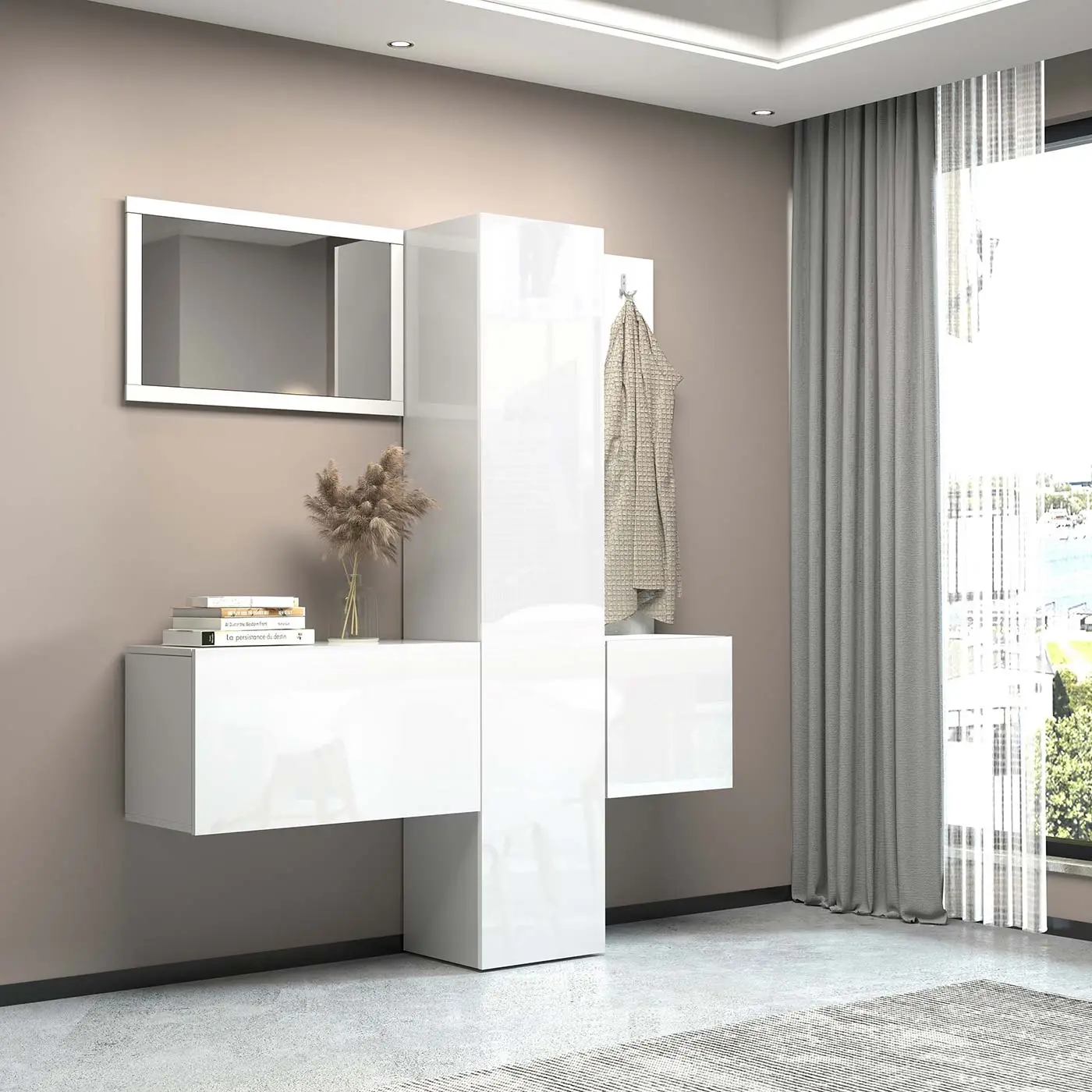 Set ingresso da 4 pezzi, 170x191x35 h cm, Bianco laccato lucido