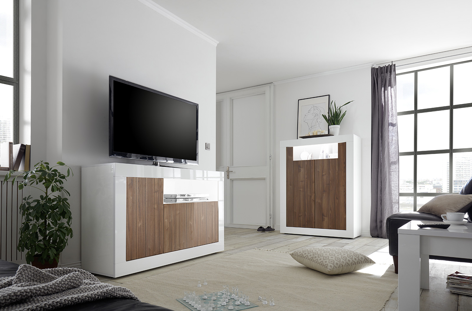 Soggiorno moderno composto da Madia porta tv e Madia Alta, finitura Bianco Lucido e Noce Dark