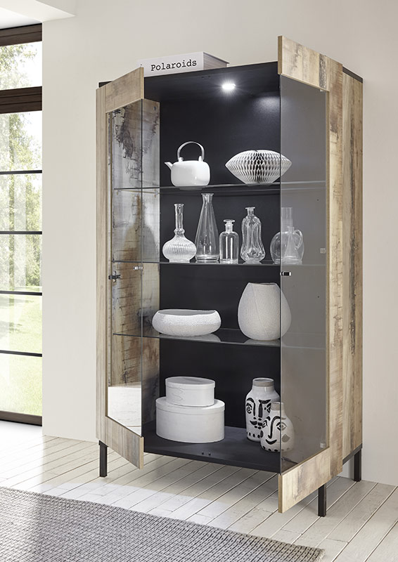 Soggiorno Industry con madia 4 ante, porta tv e vetrina in finitura nero bruciato e pero