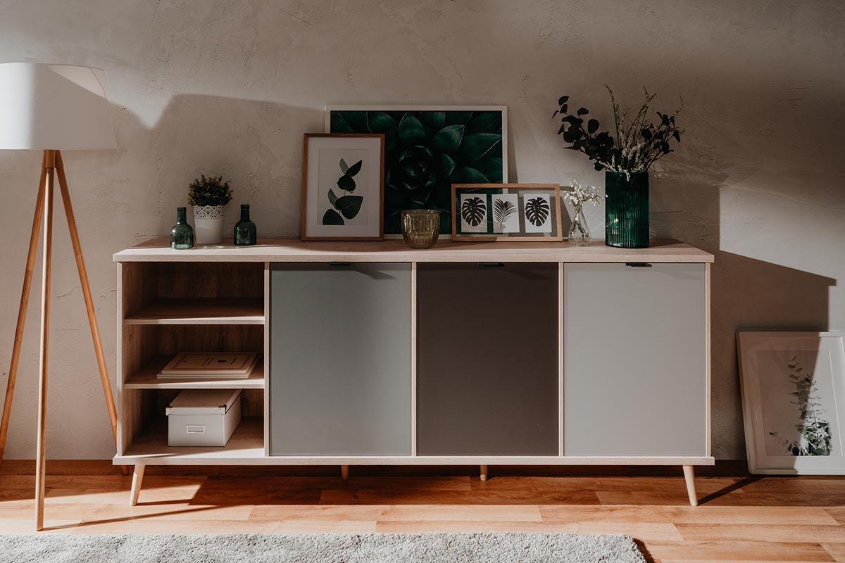 Soggiorno Rosvik in finitura Grigio Seta, Grigio Perla e Antracite