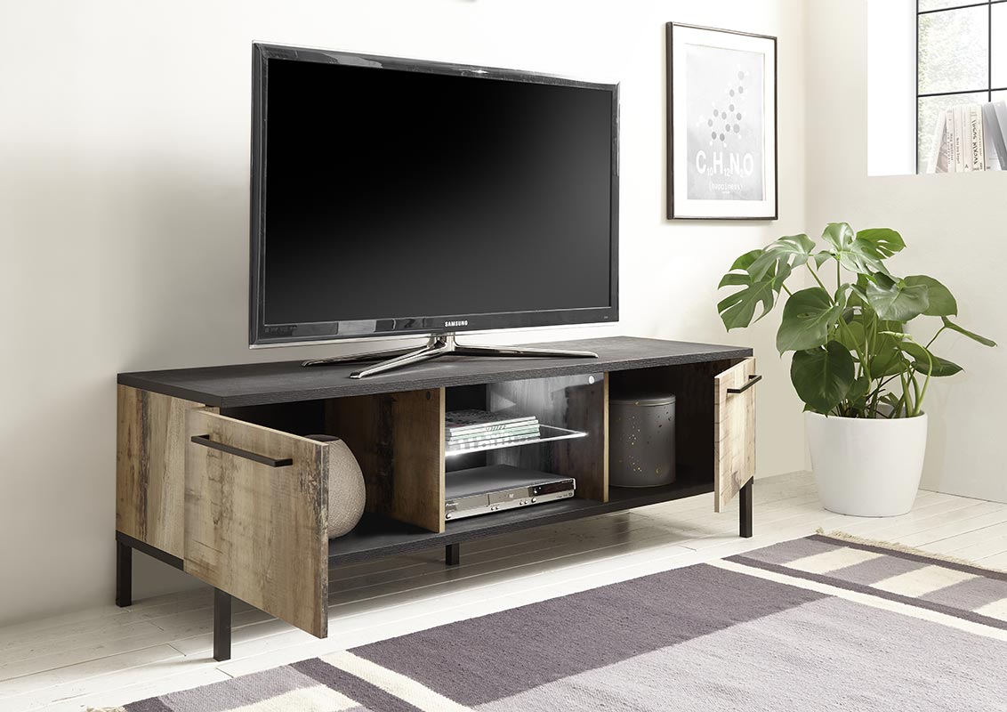 Porta tv Industry con 2 ante finitura Nero bruciato e Pero