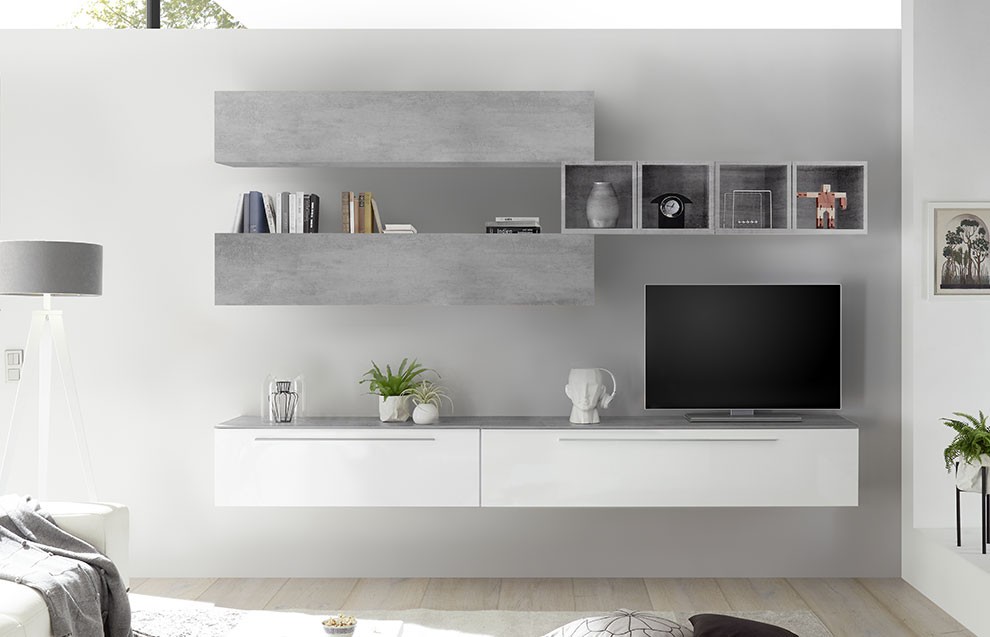 Soggiorno Zenzero moderno, parete attrezzata bianco lucido e beton con top cemento