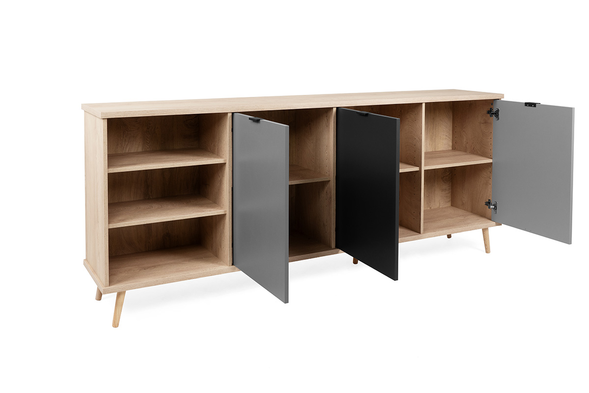 Madia Rosvik con 3 ante e 2 ripiani in finitura Grigio Seta, Grigio Perla e Antracite