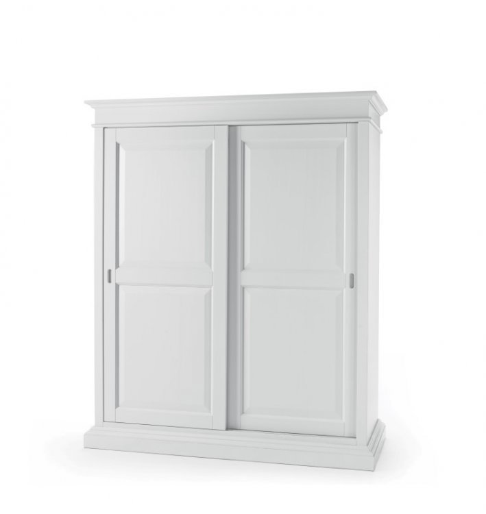 Armadio in legno, laccato bianco, due ante scorrevoli, cappello dritto - smontabile