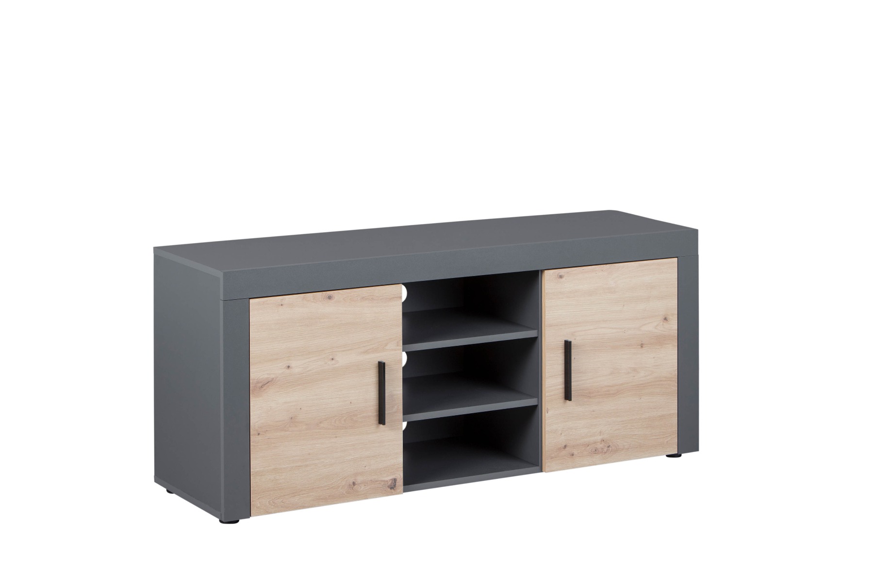 Porta TV con 2 ante e 3 ripiani, colore  quercia con scocca grigio antracite