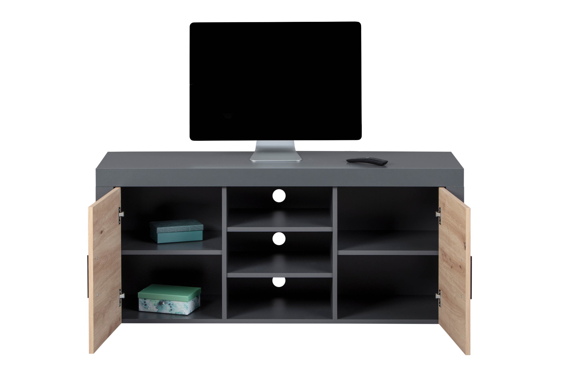 Porta TV con 2 ante e 3 ripiani, colore  quercia con scocca grigio antracite