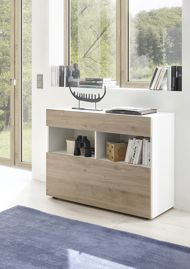 Madia economica moderna, 1 anta ribalta 1 cassetto, finitura Bianco lucido e Rovere cadiz