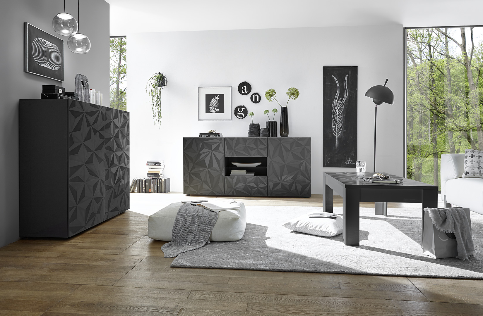 Sala moderna completa di tavolino, madia 2 ante e madia 2 ante 2 cassetti, finitura grigia serigrafata