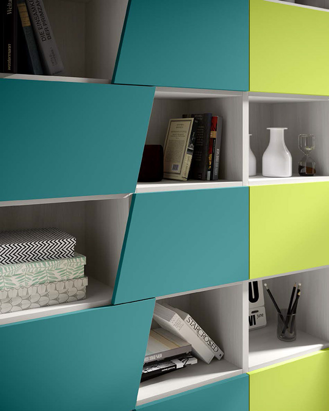 Libreria per camerette con 3 ante battenti in finitura Olmo bianco, Verde acido LACCATO e Petrolio LACCATO