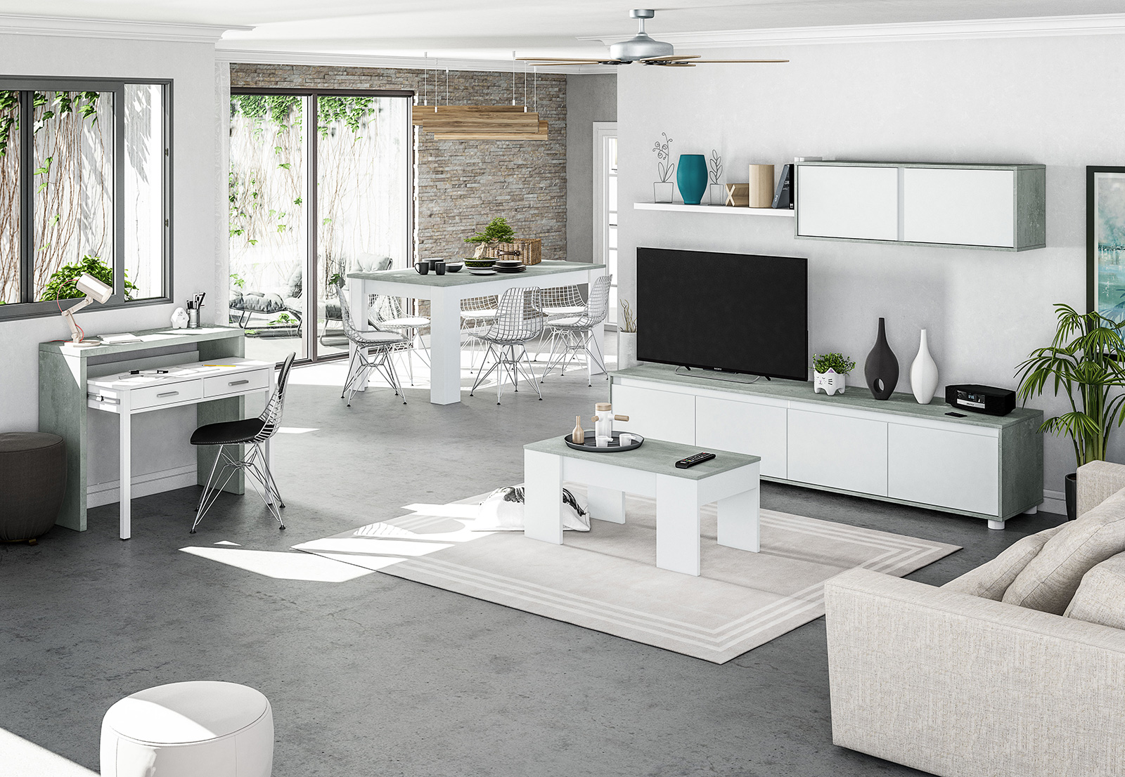 Soggiorno moderno completo con Tavolo, Parete attrezzata, scrittoio e tavolino, finitura Cemento e Bianco