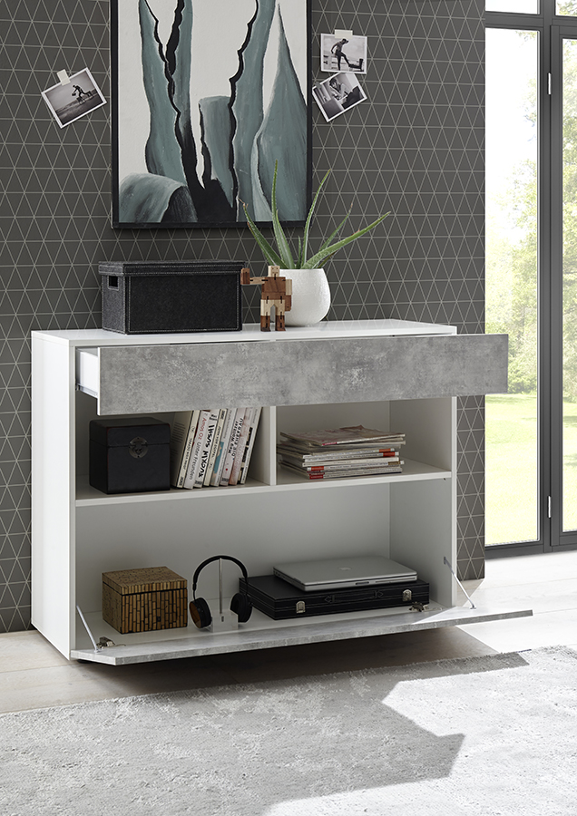 Credenza Madia moderna, 1 anta ribalta 1 cassetto, finitura Bianco laccato lucido e Beton