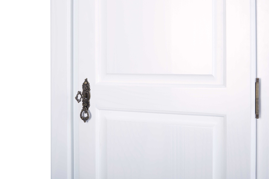 Armadio 2 ante, 4 ripiani + specchio, pino massello verniciato bianco