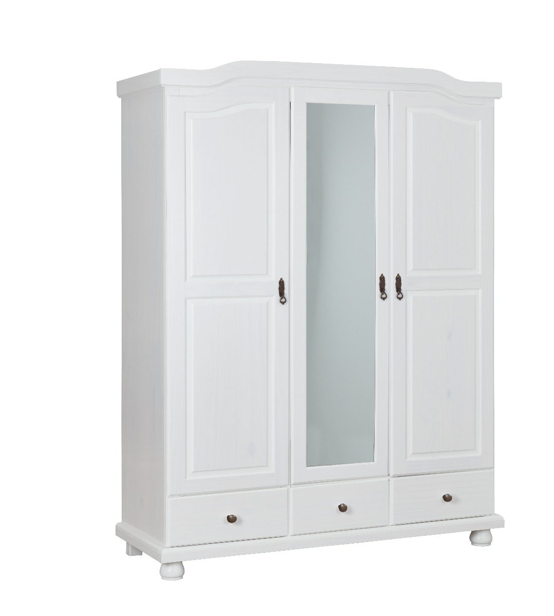 Armadio 2 ante, 4 ripiani + specchio, pino massello verniciato bianco