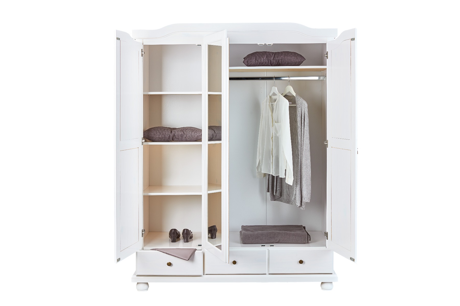 Armadio 2 ante, 4 ripiani + specchio, pino massello verniciato bianco